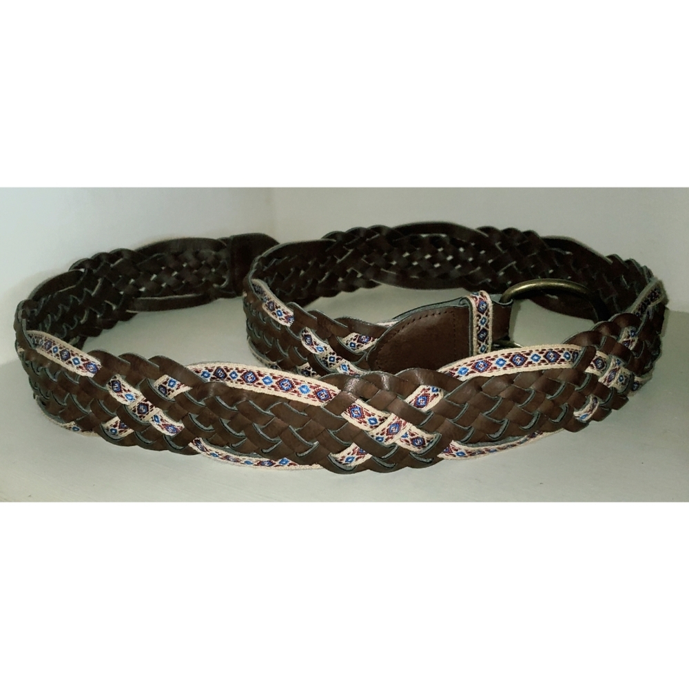 Vintage Brown Vegan Braided Belt Woven Faux Leather Embroidered Trim Hippie 2" W - Picture 7 of 9